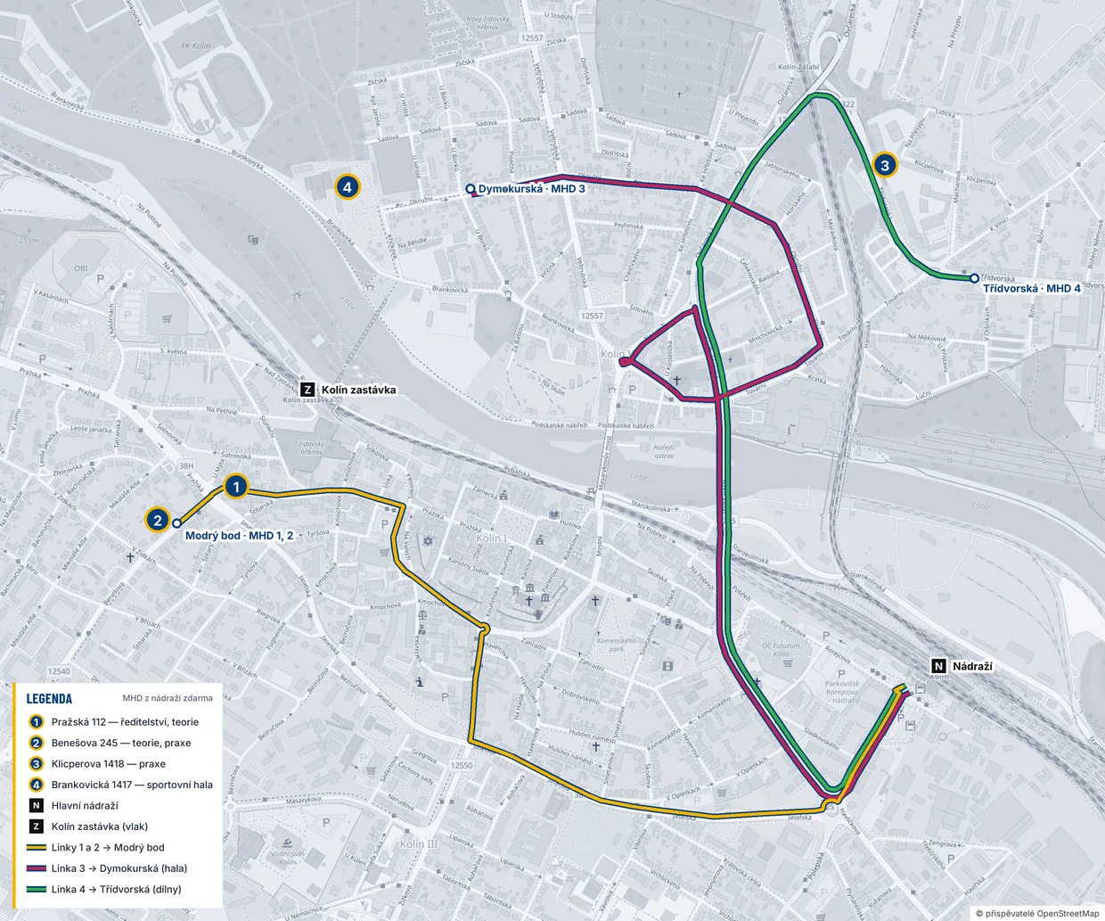 Mapa Kolína se čtyřmi budovami školy a legendou: 1 Pražská a 2 Benešova jsou na západ od centra blízko sebe, 4 sportovní hala v Brankovické je za řekou na sever od nich, 3 dílny v Klicperově jsou na severovýchodě u trati. Hlavní nádraží je na jihovýchodě, asi 2 km od všech budov; od něj vedou barevně vyznačené trasy městských autobusů: žlutě linky 1 a 2 přes centrum na zastávku Modrý bod u Pražské a Benešovy (jezdí tam i linka 4, ale oklikou, proto není zakreslená), zeleně linka 4 na Třídvorskou u dílen a malinově linka 3 na Dymokurskou u sportovní haly; kde jedou linky společně, jsou čáry vedle sebe. Železniční Kolín zastávka je mezi Pražskou a sportovní halou, u řeky.